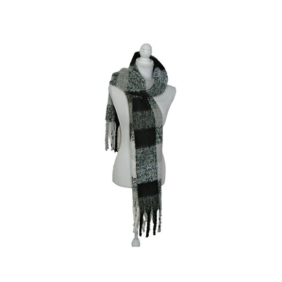 Womens Soft Chunky Warm Scarf Wrap Knit Fringe Black White Gray Plaid Lg 59x17" - Picture 4 of 12